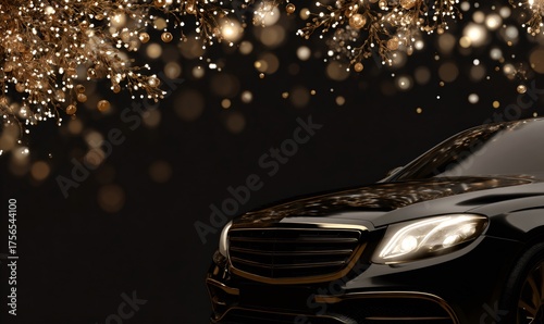Black luxury car standing against a dark background, highlighted by glowing golden decorative lights and shimmering bokeh