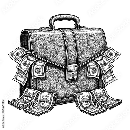 Vintage hand-drawn illustration of a leather briefcase overflowing with cash, symbolizing wealth, business success, and financial profit