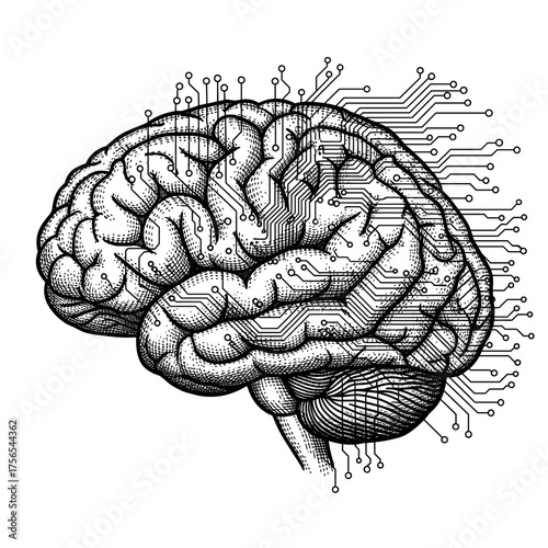 Artificial Intelligence Concept Brain and Circuitry Illustration of Human Intelligence & Machine Learning