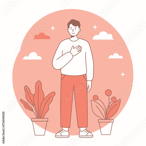 A man with hand on chest, surrounded by plants and clouds, smiling with confidence.