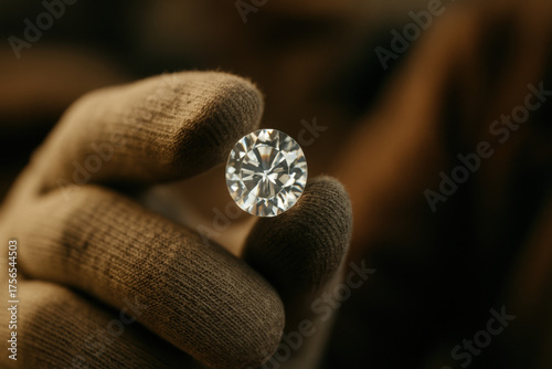 Sparkling Gem in Gloved Hand: A pristine, brilliant-cut diamond is held delicately in a gloved hand, showcasing its exquisite facets and radiant beauty under focused light.
