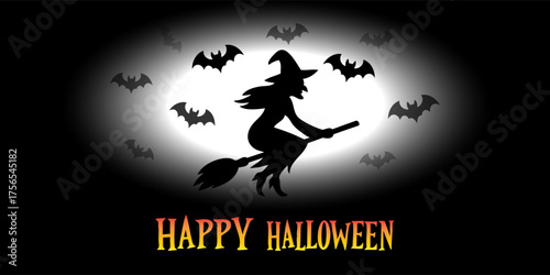 Halloween Poster with Flying Witch Silhouette and Full Moon Surrounded by Bats. A spooky Halloween poster featuring a flying witch against a glowing full moon, surrounded by bats in various directions