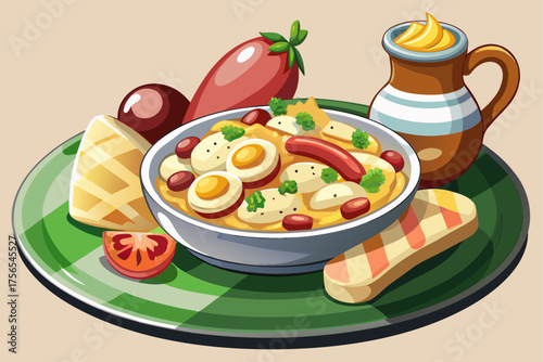 vector of Simple but unique!
German potato salad is made with a combination of cooked potatoes, onions, vinegar, oil and sometimes bacon. Next to sausage or schnitzel, its taste multiplies.