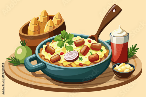 vector of Simple but unique!
German potato salad is made with a combination of cooked potatoes, onions, vinegar, oil and sometimes bacon. Next to sausage or schnitzel, its taste multiplies.