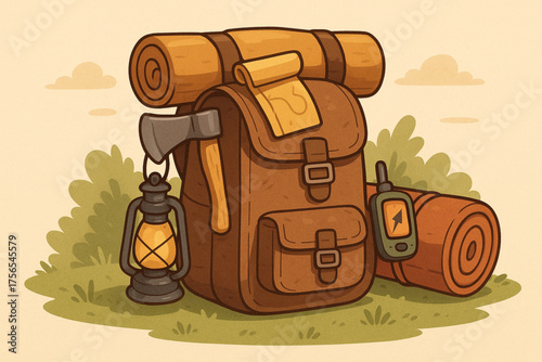 Cartoon camping gear packed for adventure on grassy scene