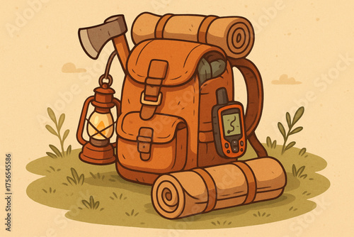 Cartoon camping gear packed for adventure on grassy scene
