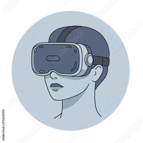 A line art illustration of a person with short hair wearing a virtual reality headset inside a blue circle.