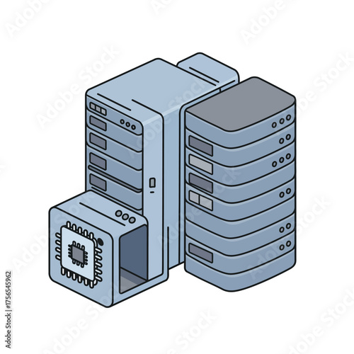 Isometric illustration of a computer server rack with a prominent central processing unit, representing data storage and processing power.