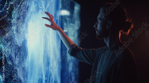 The Technological Connection: A modern man with a thoughtful expression makes a close contact with an innovative digital interface, representing the harmony of humans and technology