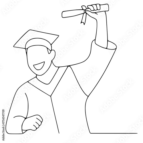 Young graduate student holding up diploma celebrating achievement line art

