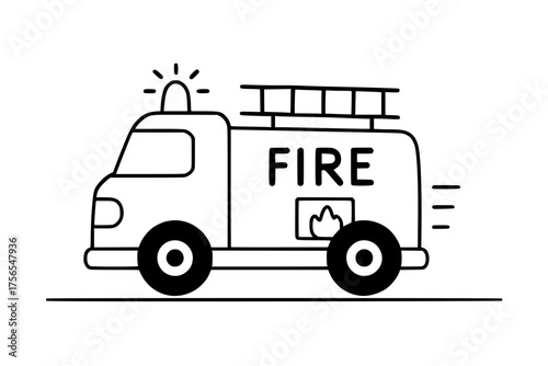 Black and white line drawing of a moving fire truck
