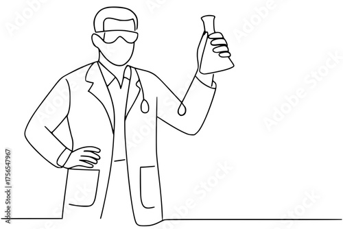 Scientist Holding Laboratory Flask Continuous Line Drawing Illustration
