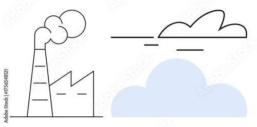 Factory emitting smoke with abstract clouds indicating air pollution and environmental health concerns. Ideal for industry, pollution, climate change, sustainability, ecology, global warming