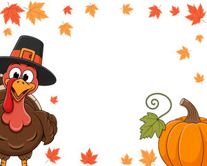 Cartoon turkey wearing a pilgrim hat with a pumpkin and autumn leaves vector illustration for Thanksgiving isolated on white background