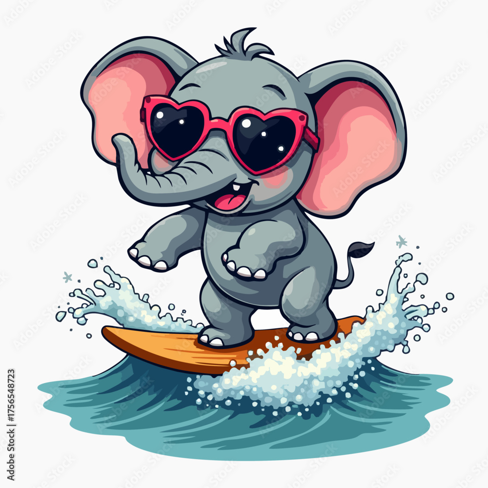 Obraz premium Vector drawing for children, teenager t-shirt. Blue baby elephant boy on surfboard on sea wave isolated on white background. Cartoon design for fabric, paper, clothing.