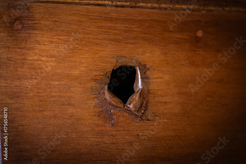 Detailed view of a torn hole in a wooden panel, showing splintered edges and interior damage, possibly from impact or wear.