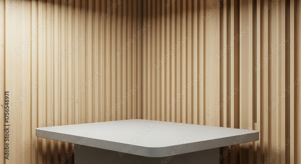 Fototapeta premium 3D rendering AI generated clean and minimalist product display scene with a square white podium in a room featuring natural wooden vertical slats as a backdrop. Modern aesthetic.