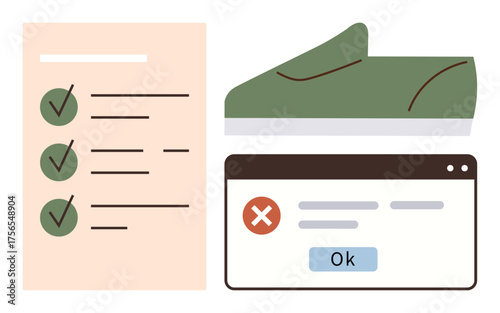 Task checklist with green checkmarks, error popup with red cross and OK button, green sneaker. Ideal for productivity, organization, clarity, workflow, decision-making goal-setting minimalism. A