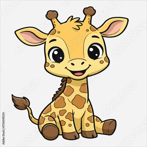Adorable Cartoon Giraffe with Big Eyes and Cheerful Expression Sitting Down.