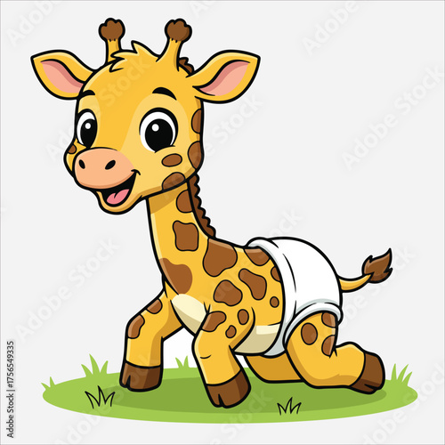 Cartoon Giraffe Crawling on Grass Wearing a Diaper with a Cheerful Expression.