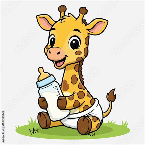 Cartoon Giraffe Baby in Diaper Holding Milk Bottle on Green Grass.