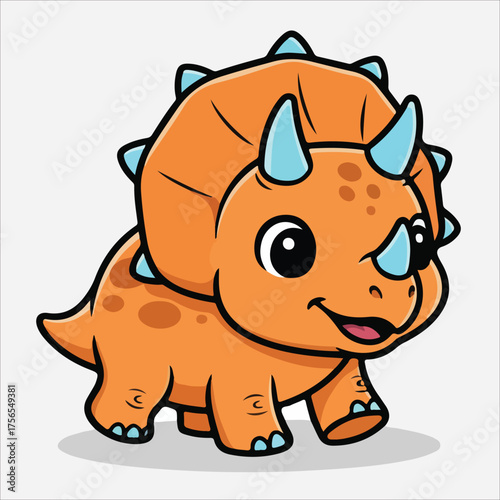 Cartoon Triceratops with Orange Skin and Blue Horns Walking Forward.