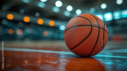 Basketball on a polished court with blurred background lights.