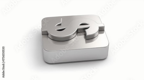 Shiny 3D Dollar Sign on Silver Block, Isolated.