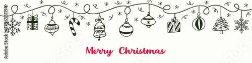 Hand-drawn Christmas garland with ornaments, snowflakes, and gifts. Festive design for a greeting card or banner.