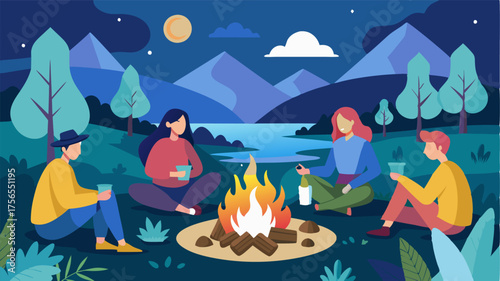 A group of friends gathered around a crackling campfire by the river roasting marshmallows and sharing stories.