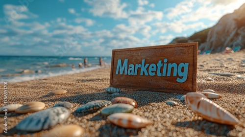 Marketing word on a wooden sign on a sunny sandy beach by the sea.