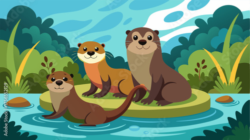 A family of playful otters splash in a secluded pond their sleek bodies blending in with the lush surroundings.