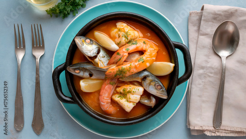 Zarzuela is a popular dish on the Mediterranean coast of Spain, consisting of an assortment of stewed fish and seafood drenched in a thick sauce.

View from above
