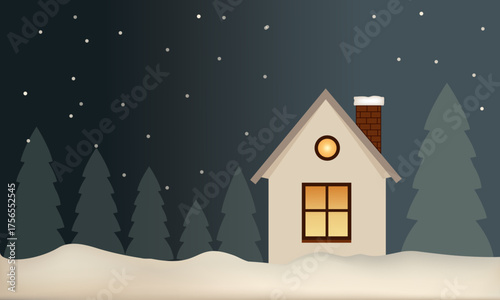  A house with glowing windows in a winter forest at night