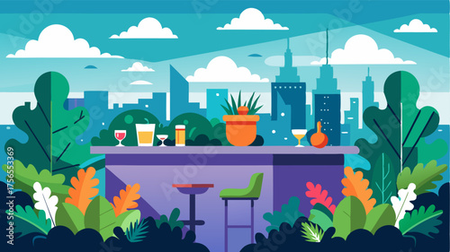 A rooftop bar featuring a stunning garden filled with vibrant herbs and es providing fresh garnishes for tails and a green view of the city below.