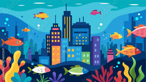 An underwater metropolis where schools of fish and colorful corals intermingle in a bustling city of marine life.