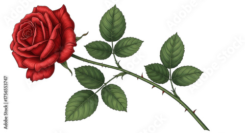 Vibrant Red Rose with Green Leaves on Black Background