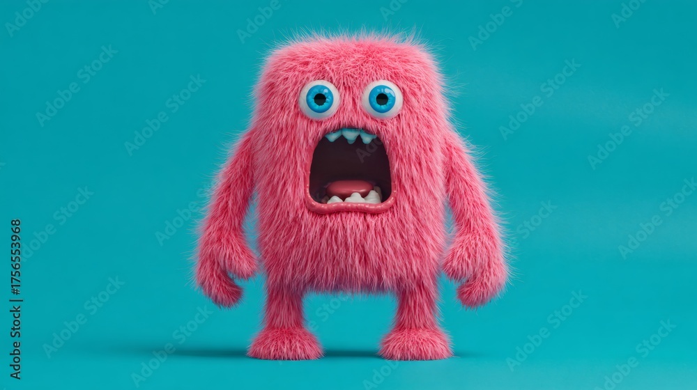 Fototapeta premium Cute pink fluffy monster with wide open mouth expressing surprise or shock. Childish character for children book or game design.