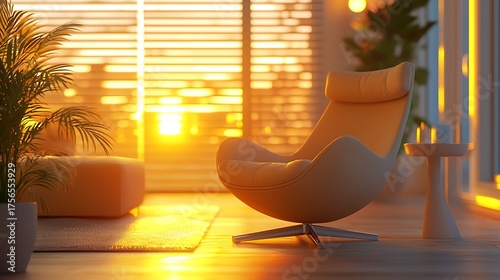 Serene Interior with Chair, Plant, and Golden Sunset Light.