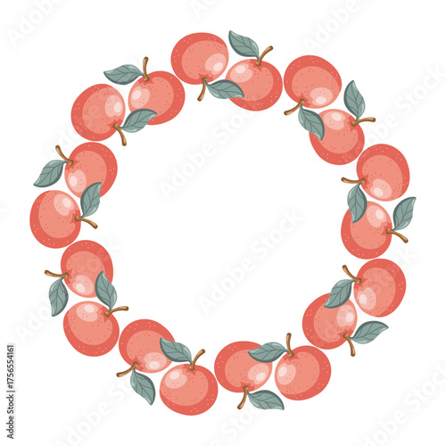 Round frame with orange tangerines and green leaves in harvest style. Vector isolated illustration on white background. 