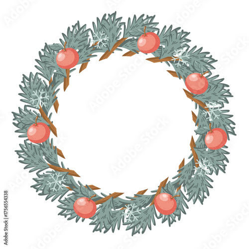 Round Christmas wreath with fir branches and orange tangerines in festive style. Vector isolated illustration on white background