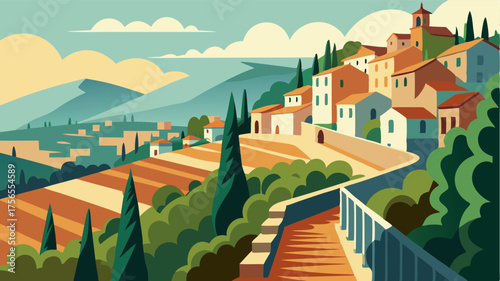 A picturesque terrace overlooking a quaint village nestled in the hills surrounded by rows of neatly cultivated olive trees.