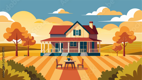 A charming farmhouse with a sprawling front porch overlooking a vast golden field inviting visitors to stop and enjoy a picnic while taking in the countryside.