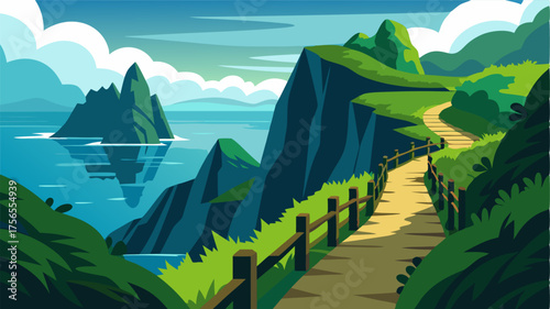A picturesque pathway bordered by lush greenery and towering sea stacks that leads to a secluded lookout point with panoramic views of the endless ocean.