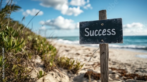 Success Signpost on a Serene Tropical Beach with Ocean Waves.