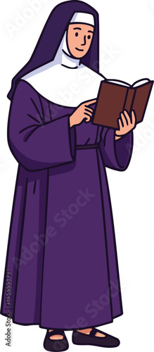 Nun reading book in purple habit holding religious text vector illustration character design 