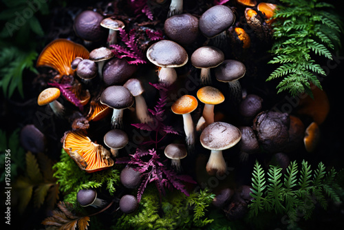 Assorted fresh forest mushrooms, edible and inedible, unknown species, mushroom identification