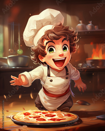 Happy little chef cooking a pizza, cute cartoonish character illustration in a cheerful style