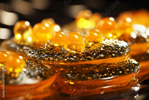 Close-up of delicious dessert drizzled with caramelized syrup with bubbles,tempting food photography