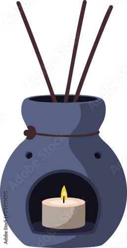 Aromatic diffuser with lit candle and incense sticks in blue ceramic holder for home relaxation and meditation 